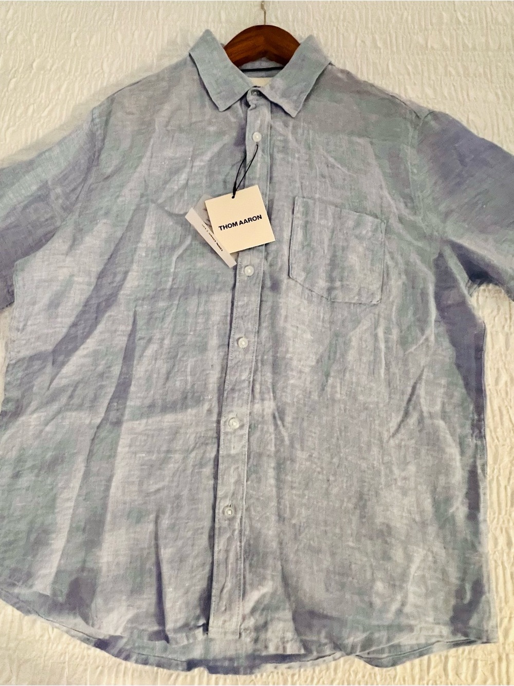 Thom Aaron 100% Linen Button Down Shirt Men’s Medium blue Short Sleeve - Picture 5 of 5